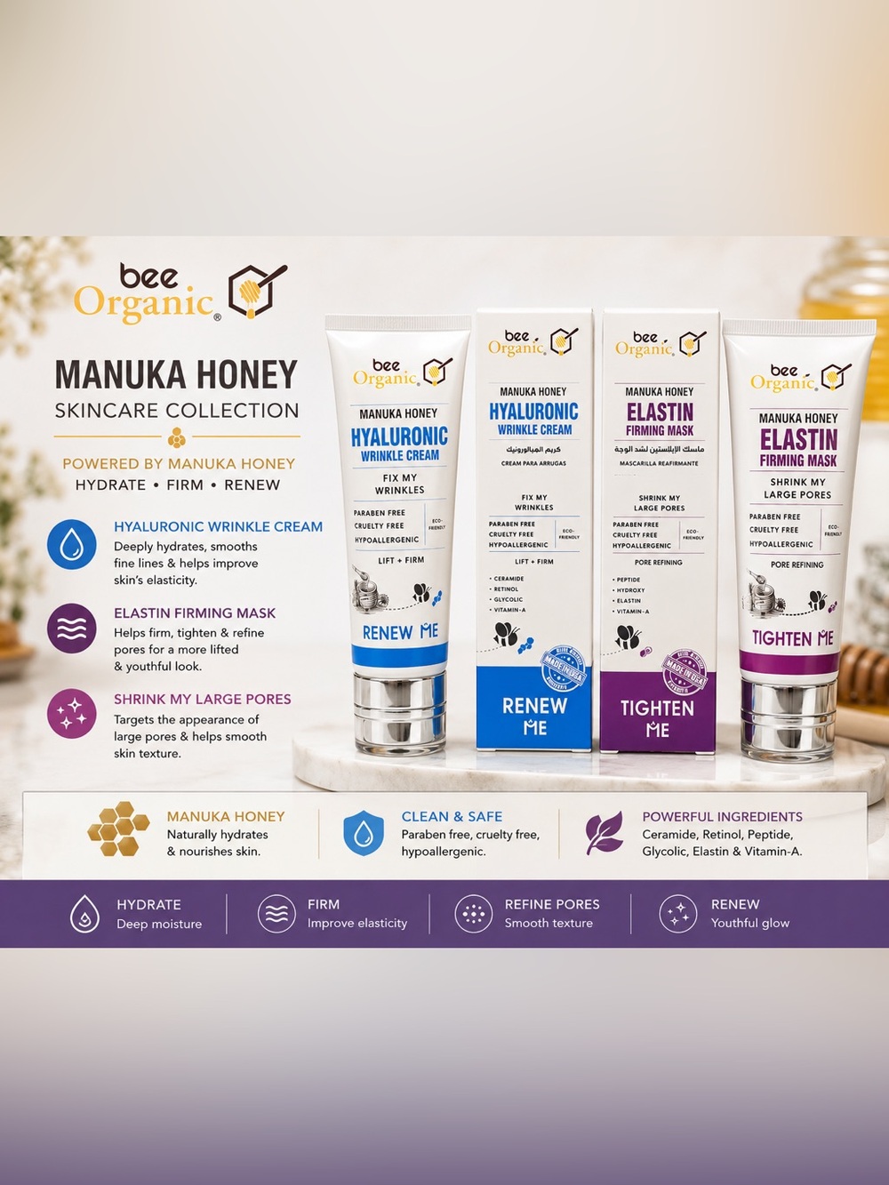 Bee Organic Manuka Honey Hyaluronic Wrinkle Cream + Elastin Firming Mask Set